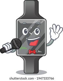 caricature character of smart watch happy singing with a microphone. Vector illustration