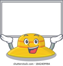 Caricature character of summer hat succeed lift up a board