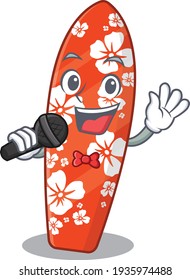 caricature character of surfboard happy singing with a microphone. Vector illustration
