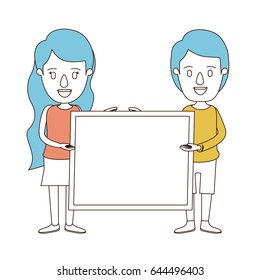 caricature color sections and blue hair of full body couple holding a square poster vector illustration