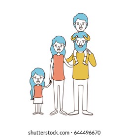 caricature color sections and blue hair of big family parents with boy on his back and daugther taken hands vector illustration