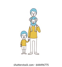 caricature color sections and blue hair of bearded father with boy on his back and kid taken hands vector illustration