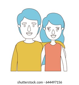 caricature color sections and blue hair of half body woman with long wavy hair and man embracing couple vector illustration