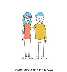 caricature color sections and blue hair of full body couple in casual clothing embracing couple vector illustration