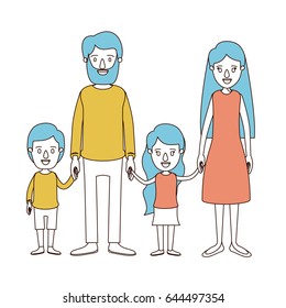 caricature color sections and blue hair of family with parents and little kids taken hands vector illustration