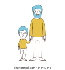 caricature color sections and blue hair of full body man taken hand with little boy vector illustration