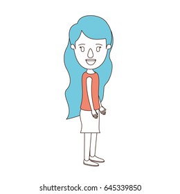 caricature color sections and blue hair of full body woman with wavy long hair looking to side vector illustration