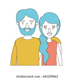 caricature color sections and blue hair of half body couple woman with ponytail side hair and bearded man vector illustration