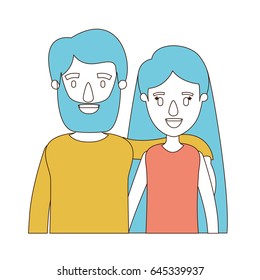 caricature color sections and blue hair of half body couple woman with long hairstyle and bearded man vector illustration