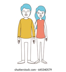 caricature color sections and blue hair of full body couple in casual clothing vector illustration