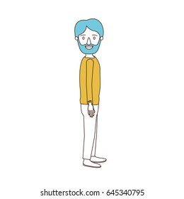 caricature color sections and blue hair of full body man bearded looking to side vector illustration