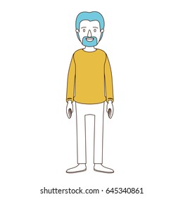 caricature color sections and blue hair of full body male person with beard and moustache with clothing vector illustration