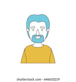 caricature color sections and blue hair of half body man with moustache and beard vector illustration