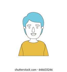 caricature color sections and blue hair of half body young man with hairstyle vector illustration