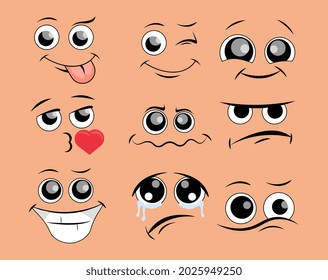 Caricature comic emotions set. Faces of characters with smile, anger, tongue and kiss. Design elements for stickers and social networks. Cartoon flat vector collection isolated on pink background