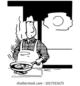 Caricature - the cook prepares eggs, looks out the window sees the sun in the sky, similar to his cooking