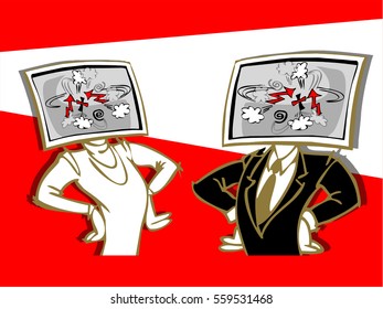 caricature of couple with computer face,insult each other, cartoon