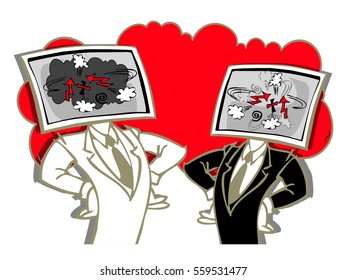 caricature of couple with computer face,insult each other, cartoon
