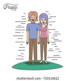 caricature couple people line bearded man and woman with collected hair standing casual clothes in grass on white background vector illustration