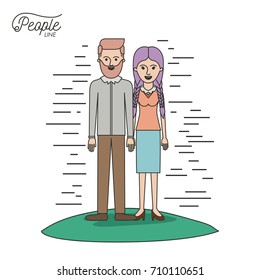caricature couple people line bearded man and woman with braided pigtails hair standing casual clothes in grass on white background vector illustration