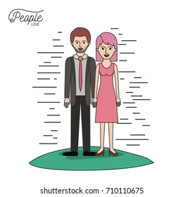 caricature couple people line bearded man in formal suit and woman with straight short hair in dress standing in grass on white background vector illustration