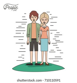 caricature couple people line young man and blonded woman with ponytail hair standing casual clothes in grass on white background vector illustration