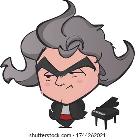 Caricature in a cute cartoon style of the conductor, musician, composer and pianist, Ludwig Van Beethoven.
Sulky mood.