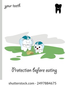 caricature of a dental funny teeth vector. protecting teeth before eating