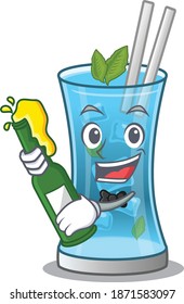 caricature design concept of blue hawai cocktail cheers with bottle of beer