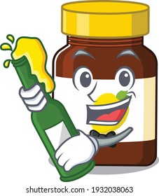 caricature design concept of bottle vitamin c cheers with bottle of beer