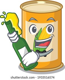caricature design concept of corn tin cheers with bottle of beer