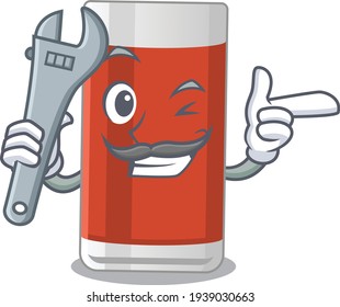 A caricature design concept of glass of apple juice working as a mechanic. Vector illustration
