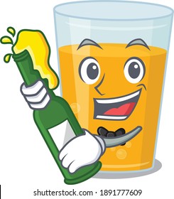 caricature design concept of glass of orange juice cheers with bottle of beer. Vector illustration