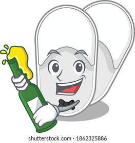 caricature design concept of hotel slippers cheers with bottle of beer