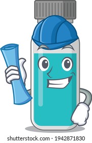 Caricature design concept of medical test bottle Architect with new city landscape blue prints. Vector illustration