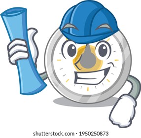 Caricature design concept of old kitchen timer Architect with new city landscape blue prints. Vector illustration