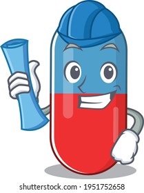 Caricature design concept of pills drug Architect with new city landscape blue prints. Vector illustration
