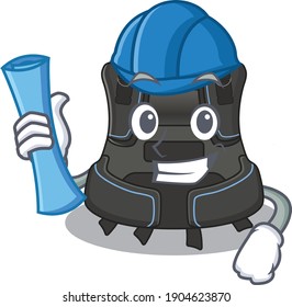 Caricature design concept of scuba buoyancy compensator Architect with new city landscape blue prints
