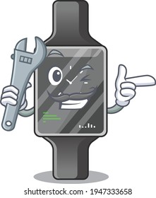 A caricature design concept of smart watch working as a mechanic. Vector illustration