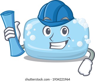Caricature design concept of soap Architect with new city landscape blue prints. Vector illustration
