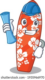 Caricature design concept of surfboard Architect with new city landscape blue prints. Vector illustration