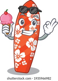 A Caricature design concept of  surfboard with cone ice cream. Vector illustration