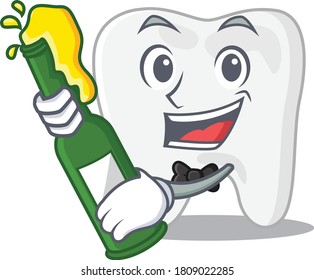 caricature design concept of tooth cheers with bottle of beer