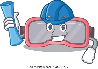 Caricature design concept of vr glasses Architect with new city landscape blue prints