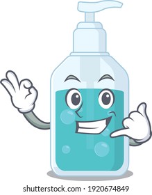 Caricature design of hand sanitizer showing call me funny gesture