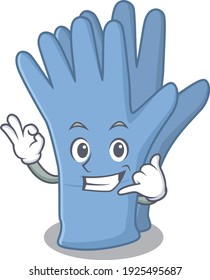 Caricature design of medical gloves showing call me funny gesture