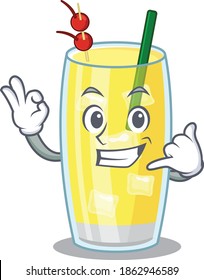 Caricature design of pina colada cocktail showing call me funny gesture