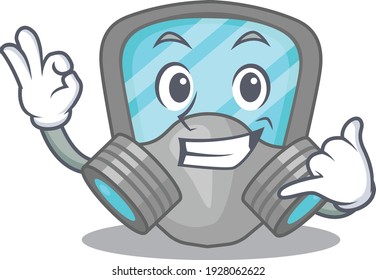 Caricature design of respirator mask showing call me funny gesture