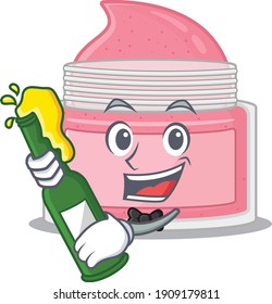 A caricature design style of body srub cheers with a bottle of wine. Vector illustration