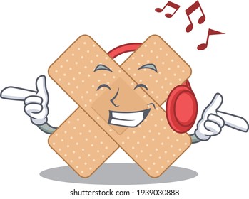A Caricature design style of cross bandage listening music on headphone. Vector illustration